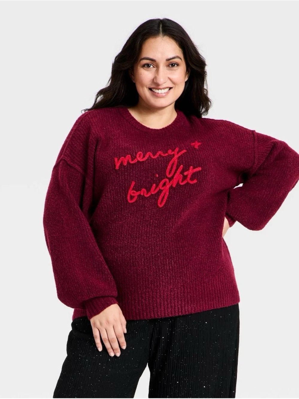 Ava & Viv Burgundy Sweater with Red Script "merry bright" b185